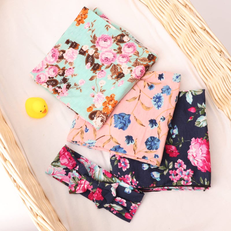 DRESHOW بطانيات استقبال زهور بيكوبو لحديثي الولادة 3 مجموعات لف حديثي الولادة مع أربطة رأس على شكل قوس كيس نوم دافئ هدية استحمام للأطفال - Image 2